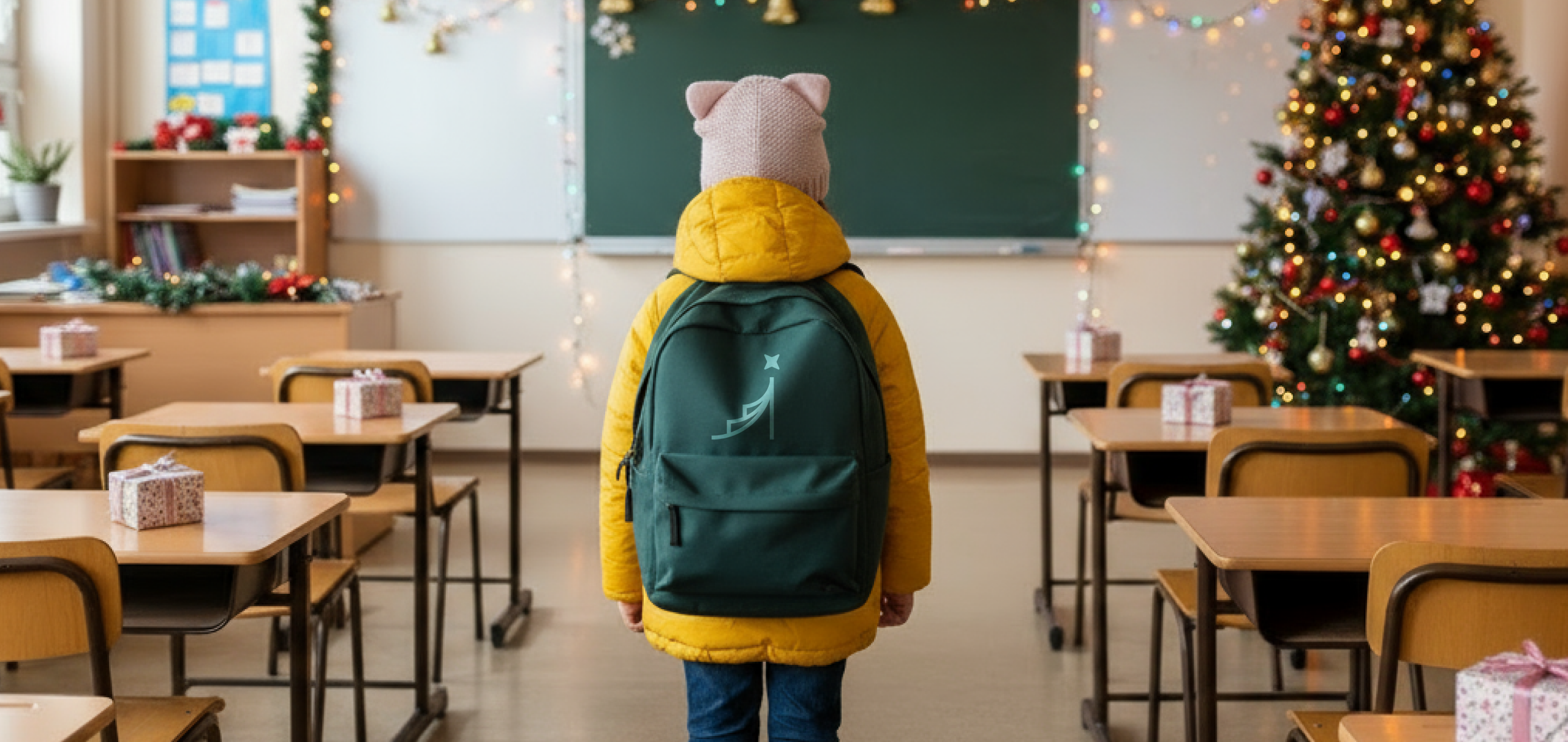 Child with Darnic branded backpack in a Christmas-decorated classroom