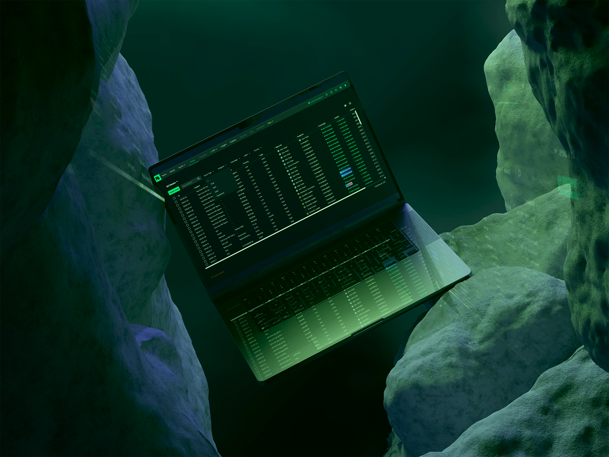 ResNet platform displayed on a laptop showing the full asset management table interface in a dramatic cave environment