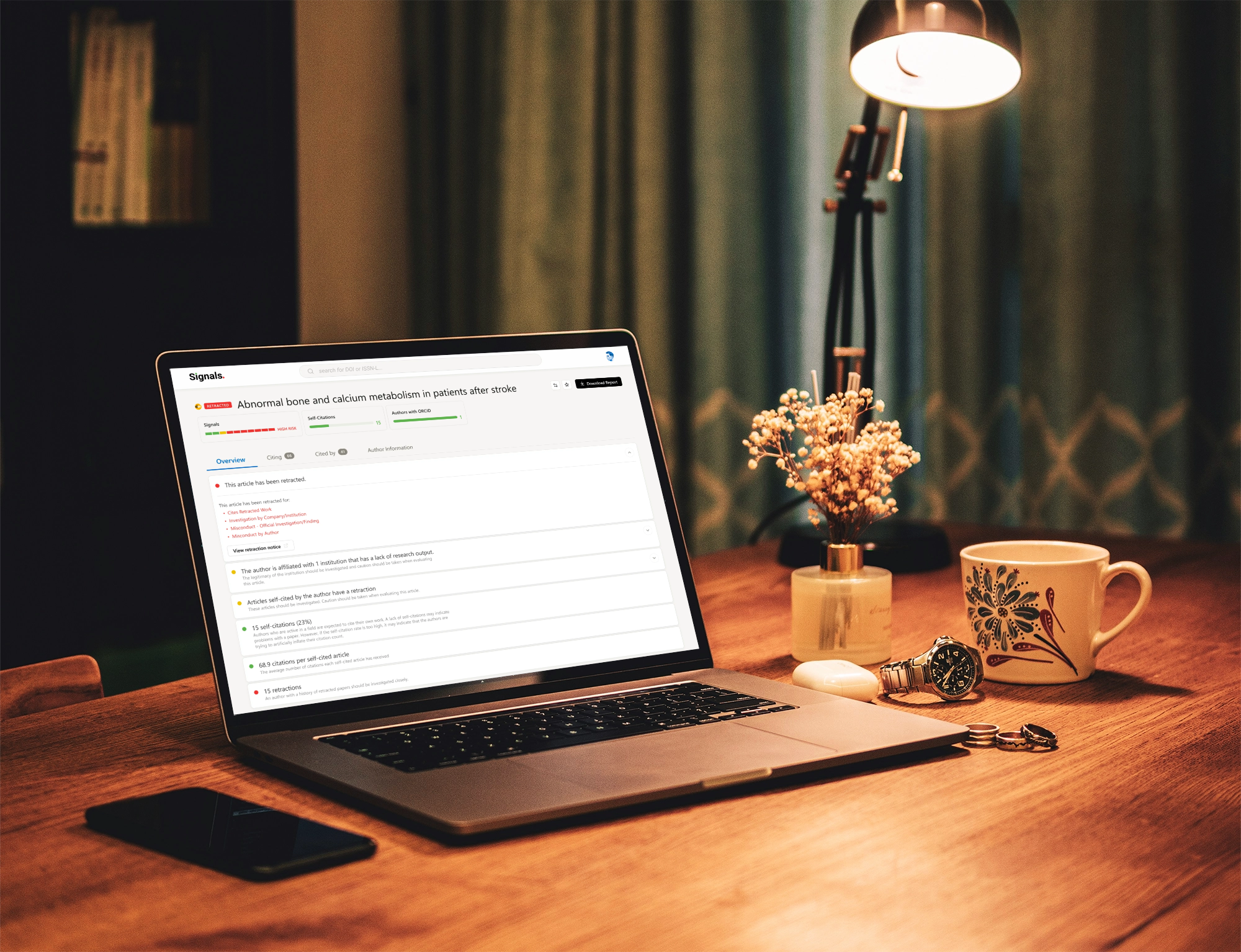 Redesigned Signals overview page: clean interface with article retraction status and risk indicators