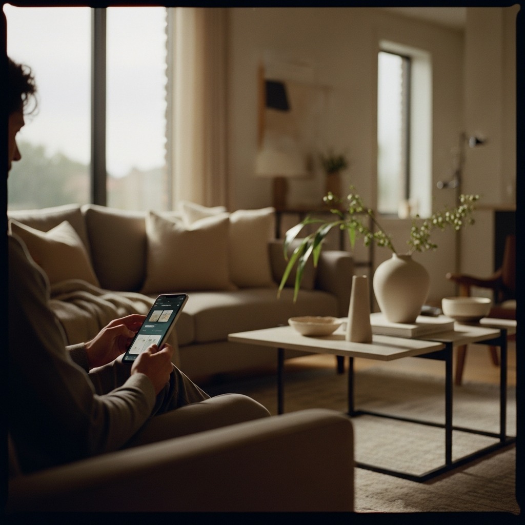 Person sitting on a couch controlling smart home devices through the App4Home app on their phone